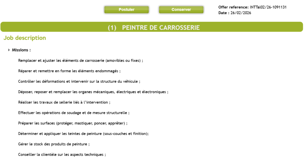 NTERNATIONAL JOB OFFER .COMPANY SPECIALIZING IN THE AUTOMOTIVE INDUSTRY IS RECRUITING (01) BODYWORK PAINTER (M/F)