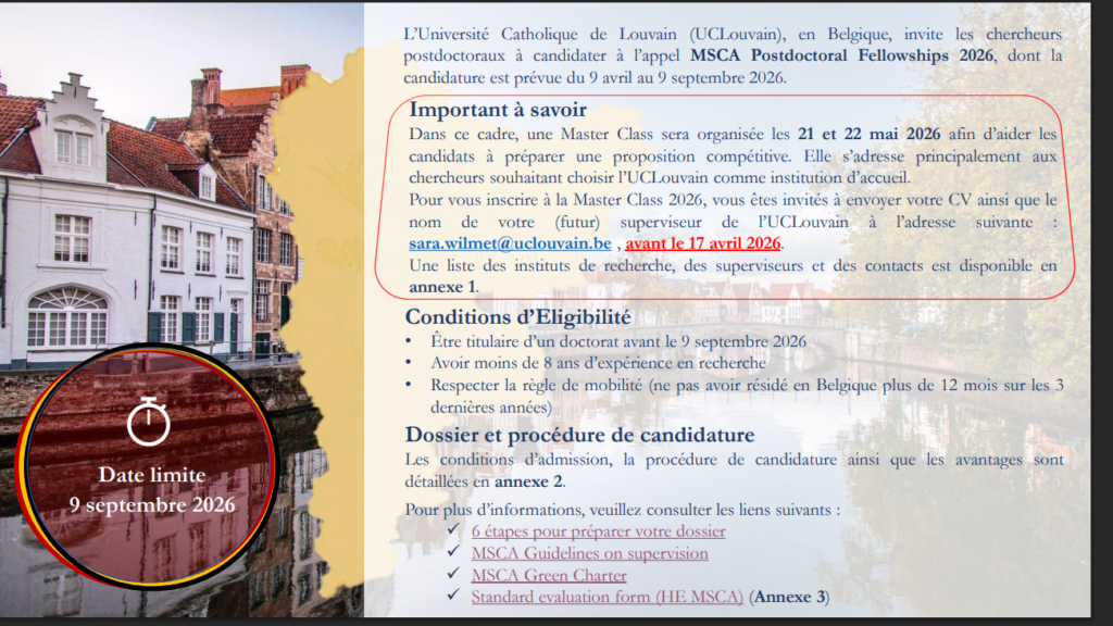Join the UCLouvain MSCA Master Class 2026 for Postdoctoral Researchers
