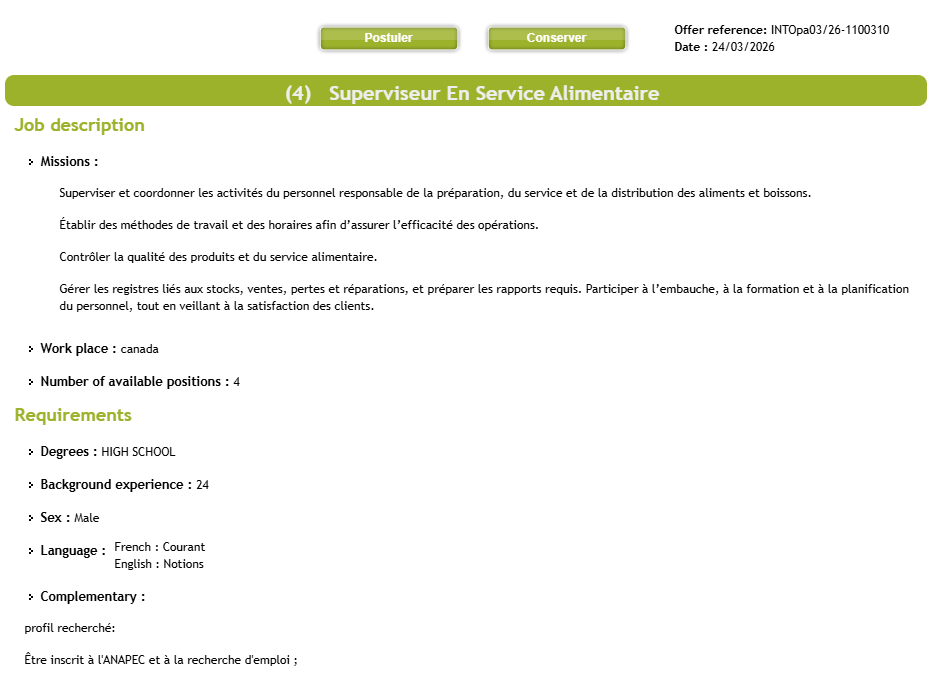 Superviseur En Service Alimentaire