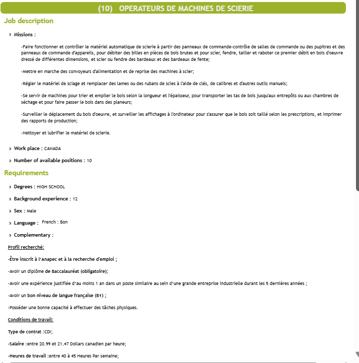 ANAPEC: Job Openings in Canada – Recruitment of 10 Sawmill and Wood Processing Machine Operators – Salary $3,350 CAD