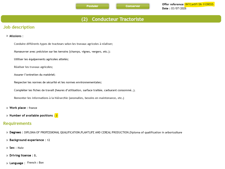 Job contracts in France for 2 agricultural tractor drivers – ANAPEC 2026