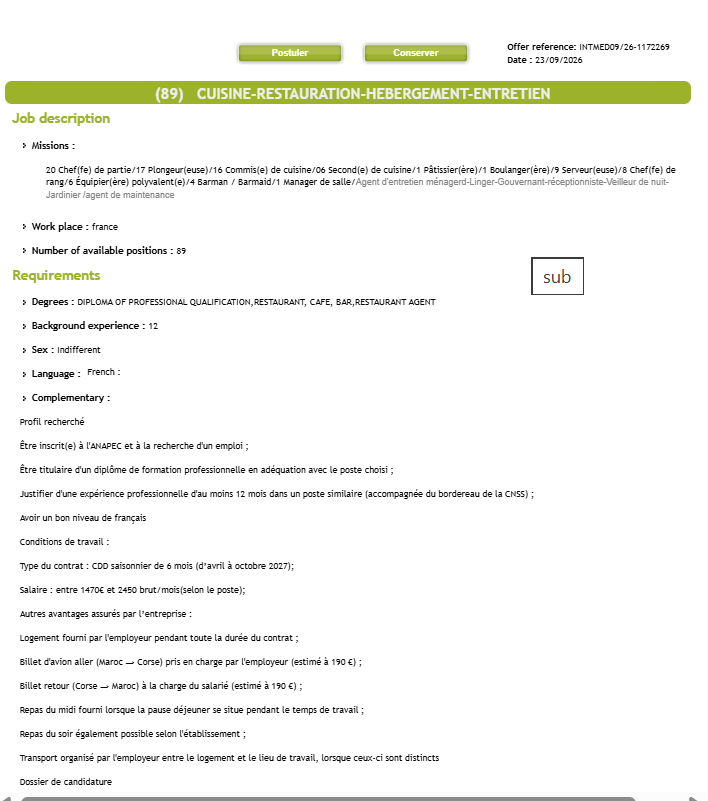 (89)   CUISINE-RESTAURATION-HEBERGEMENT-ENTRETIEN