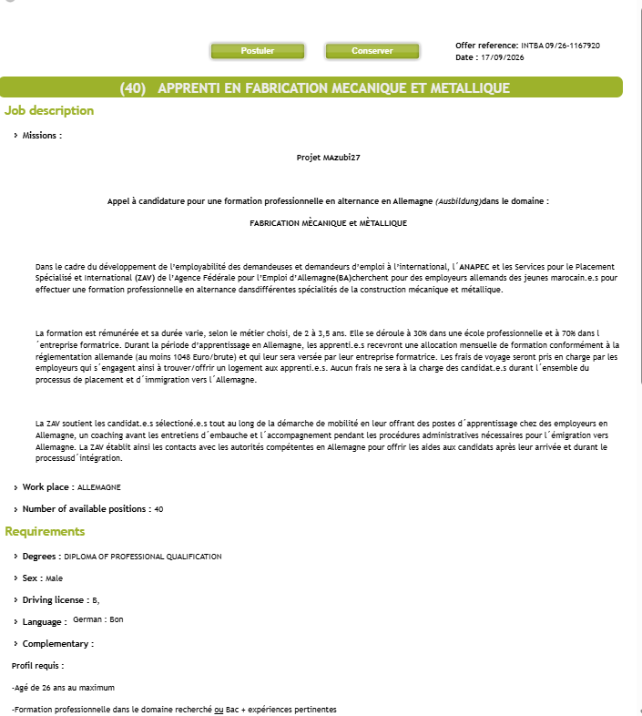 ANAPEC-ZAV Germany Apprenticeship: 40 Paid Positions Open Now